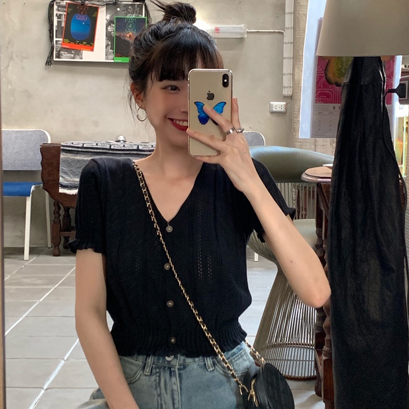 Áo Thun Dệt Kim Tay Ngắn Cổ Chữ V Khoét Lỗ Thời Trang Mùa Hè Hàng Mới Dành Cho Bạn Nữ