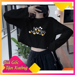 Áo thun croptop dài tay in hình mickey thu đông unisex Ulzzang form rộng dáng rộng chất liệu 100% cotton