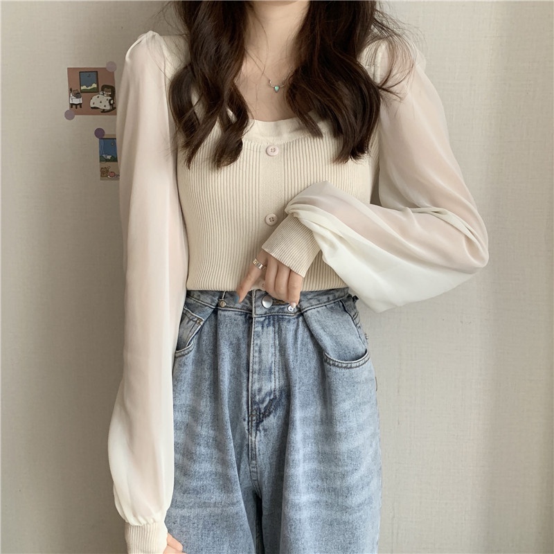 Áo len nữ cổ vuông tay voan bồng MS351