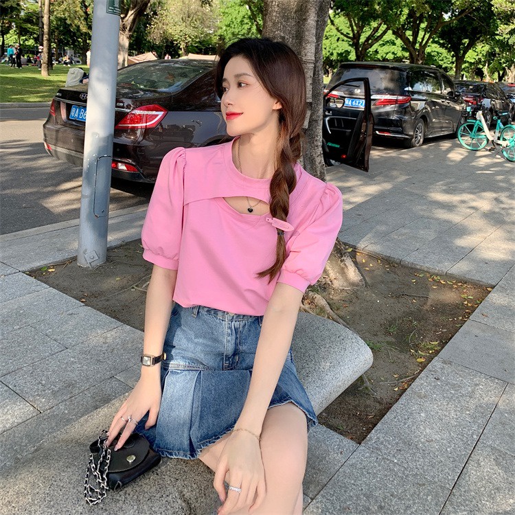 IELGY  Áo Thun Ngắn Tay Hở Xương Quai Xanh Đơn Giản Thời Trang Cho Nữ