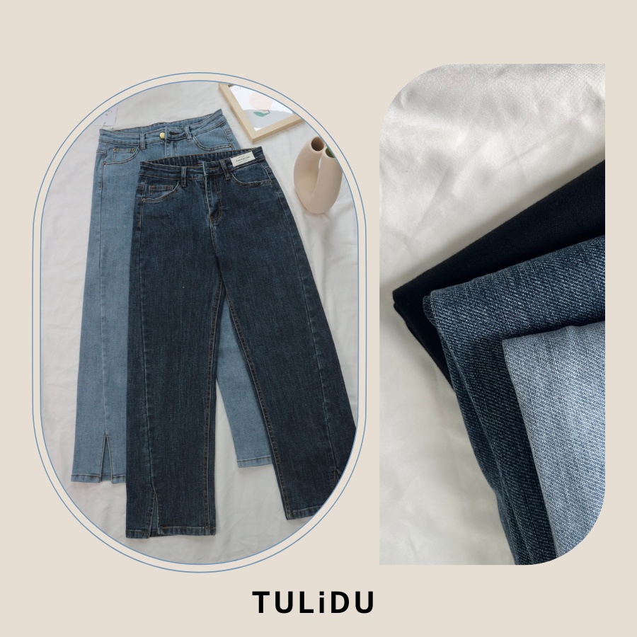 Quần Jean Ống Đứng Xẻ Gấu Giữa Thời Trang Chất Cotton Co Giãn Mềm Mịn