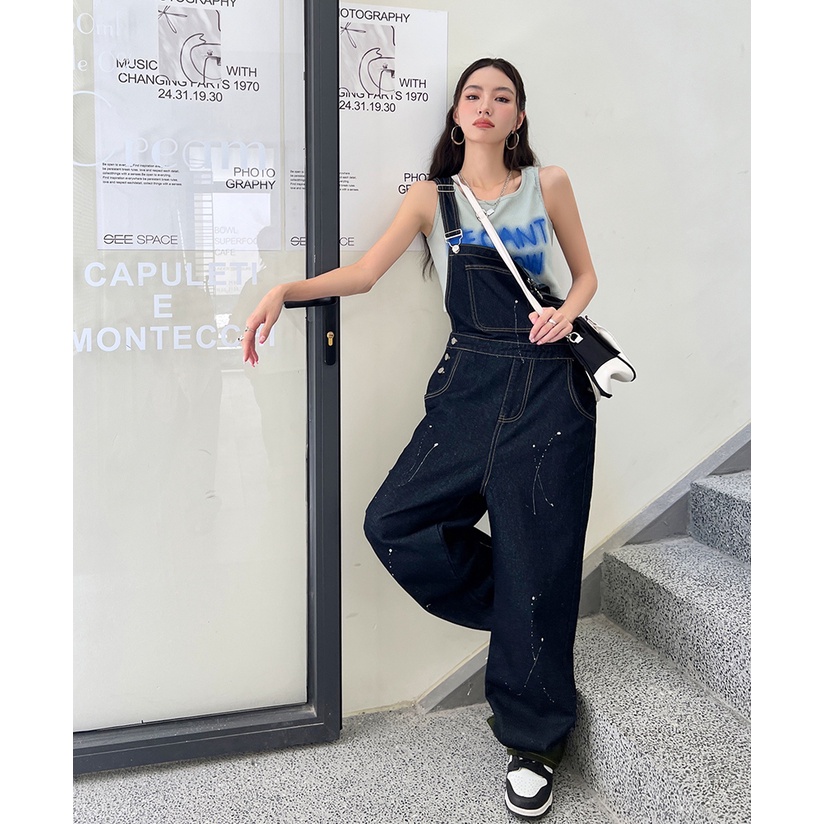 Quần Yếm Jean Ống Rộng Mẫu Mới 2023 Thiết Kế Chấm Bi Mực Tương Phản Phong Cách Đường Phố Cho Nữ