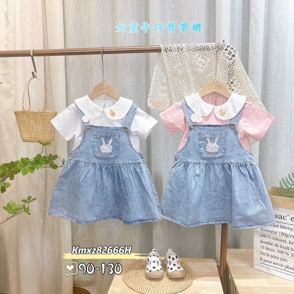 Set yếm bò và áo phông thỏ 2 chi tiết rời cực xinh cho bé từ 1-6 tuổi