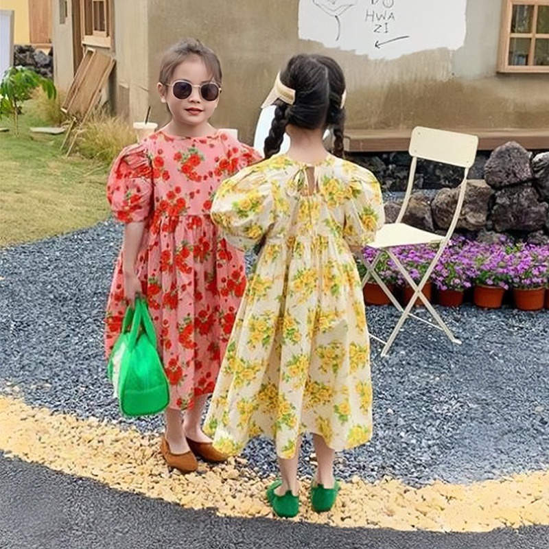 Đầm Công Chúa Tay Ngắn Phồng Cổ Tròn In Hoa Thân Thiện Với Da Thoáng Khí Thời Trang Mùa Hè Cho Bé Gái