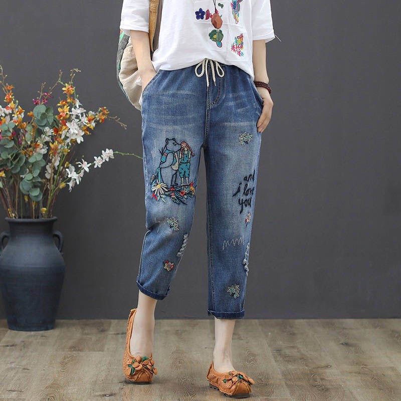 Quần jeans Nữ Lưng Thun Thêu Họa Tiết Phong Cách Retro