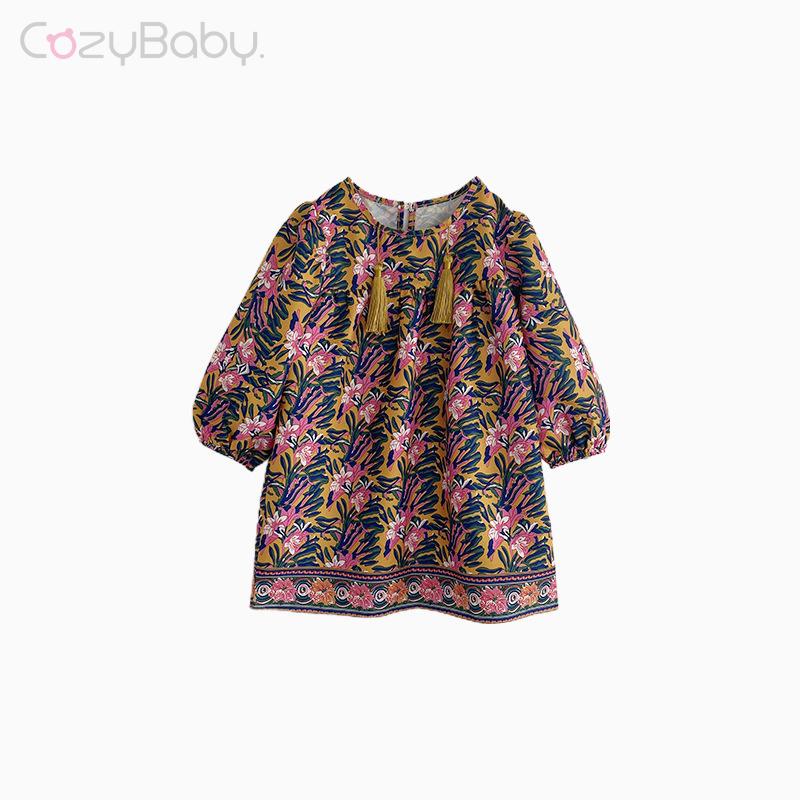 Đầm Tay Dài In Hoa Tua Rua Thời Trang Mùa Xuân 2023 Mới Cho Bé Gái