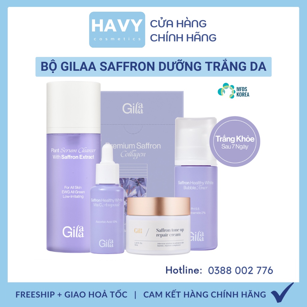 Bộ 5 Sản Phẩm Dưỡng Trắng Gilaa Saffron (Toner + Serum + Repair Cream + SRM + Collagen)