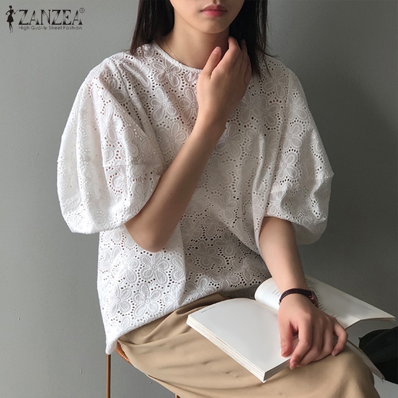 Áo kiểu ZANZEA tay ngắn phồng cổ tròn thêu họa tiết thời trang cho nữ