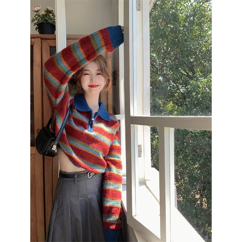COZOK Áo sweater Tay Dài Dáng Rộng Kẻ Sọc Ngang Trẻ Trung Phong Cách vintage