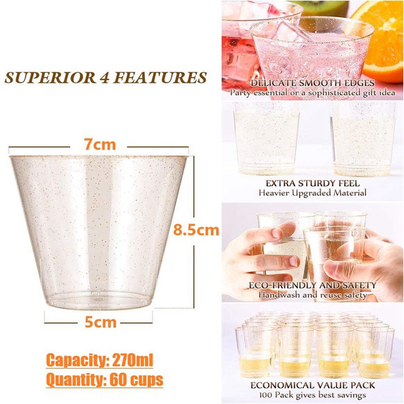 Cốc Uống Rượu Bằng Nhựa Trong Suốt Màu Vàng Kim Lấp Lánh Có Thể Tái Sử Dụng Cho Cocktail Martini