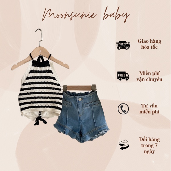 Set áo yếm dệt kim họa tiết kẻ ngang kèm Quần jeans short cạp cao cho bé gái Bộ đồ bé gái mùa hè