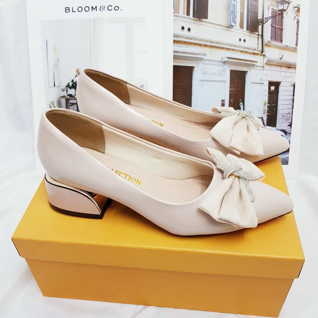 Giày cao gót nữ giày gót vuông 3cm giày búp bê nơ đá 3P