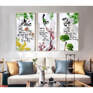 Tranh treo tường - tranh tráng gương phúc lộc thọ - trang trí phòng khách -phòng thờ - chữ thư pháp - bộ 3 tranh
