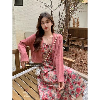 (ORDER) Set váy hai dây hoa hồng xòe dài điệu đà vintage+ Áo khoác cardigan dệt kim mỏng nhẹ nhàng