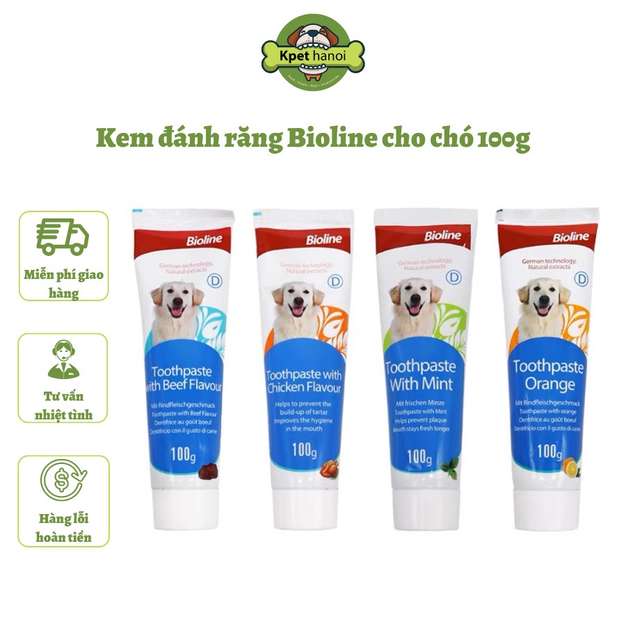Bộ Kem đánh răng + Bàn chải cho chó Bioline 100g/ Set vệ sinh răng miệng giảm hôi miệng và mảng bám,an toàn cho thú cưng