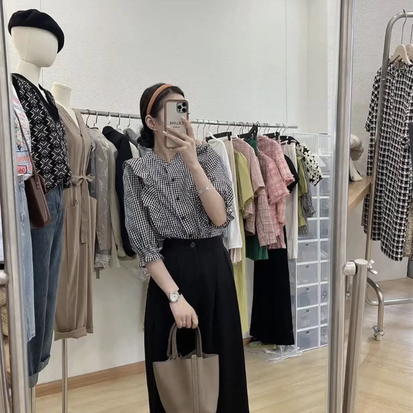 Áo Sơ Mi Tay Ngắn Phồng Họa Tiết Kẻ Sọc Thời Trang Pháp 2023 Mới Cho Nữ