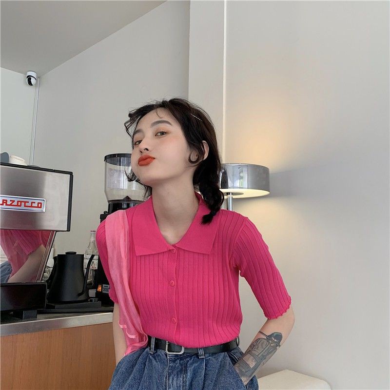 (ORDER) Áo len dệt kim sơ mi cộc tay mỏng nhẹ mùa hè style nữ sinh Hàn Quốc đáng yêu nhiều màu - Có ảnh thật