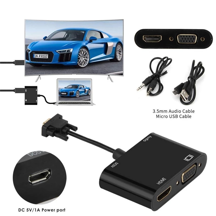 Bộ chuyển đổi màn hình gương VGA sang HDMI + VGA 2in1 Cáp chuyển đổi đầu ra âm thanh và video 1080P VGA sang HDMI