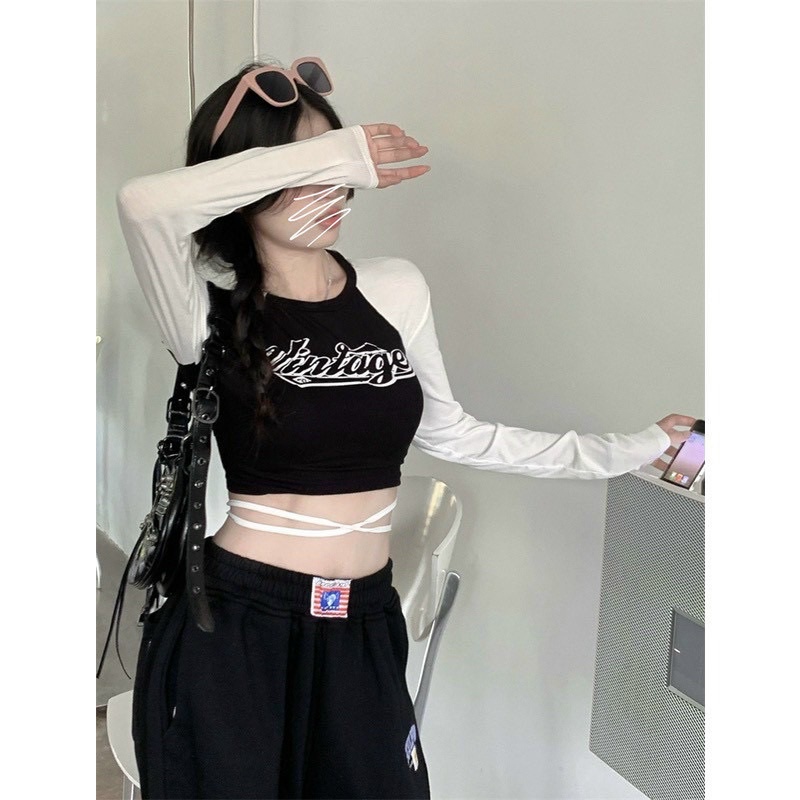 Áo croptop tay dài vintage cột dây