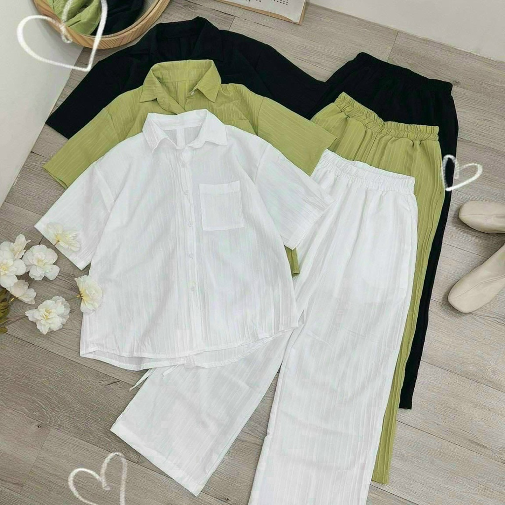 Set đồ đi chơi nữ, set đi biển áo sơ mi tay ngắn phối quần dài ống rộng phong cách hiện đại màu sắc tươi sáng cho nàng