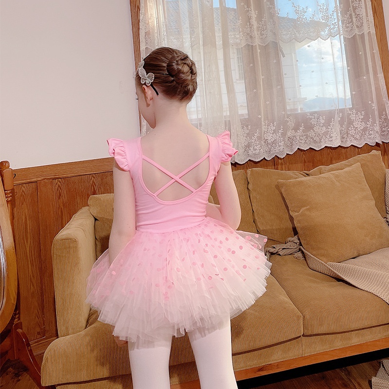 Đầm Múa Ba Lê Tay Ngắn Bằng Cotton Nguyên Chất Xẻ Tà Màu Hồng Phong Cách Mới Cho Bé Gái