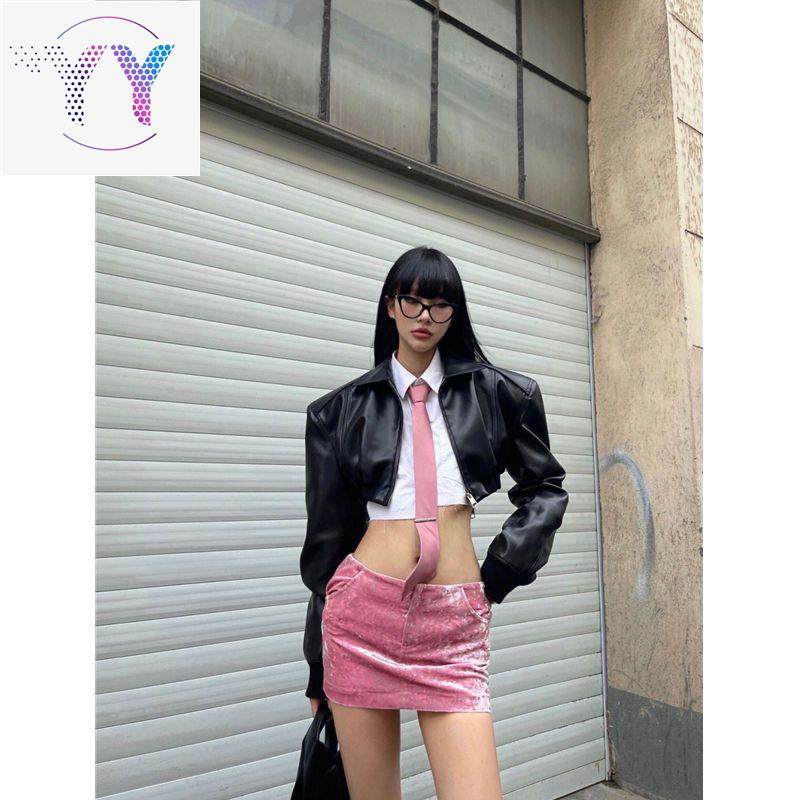 ✺Gió mát ngọt ngào chiên đường áo khoác da mùa thu mới dài tay sang trọng sơ mi túi hông váy ngắn hot girl phù hợp nữ tr
