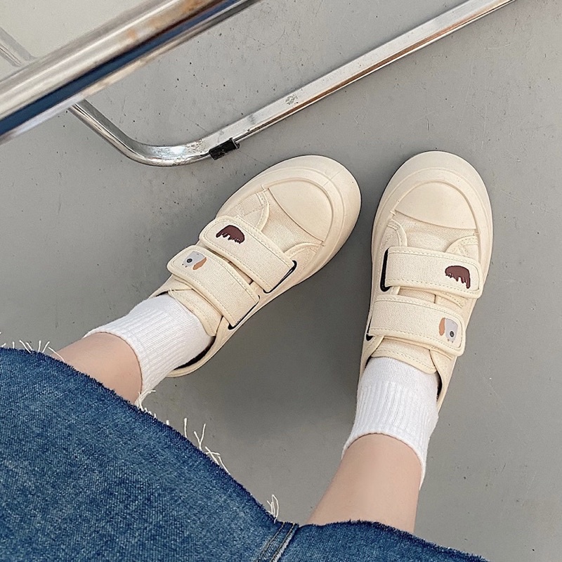 Giày Sneaker Đế Bánh Mì In Gấu Độn Đế Quai Dán Dễ Thương Giày Đi Học