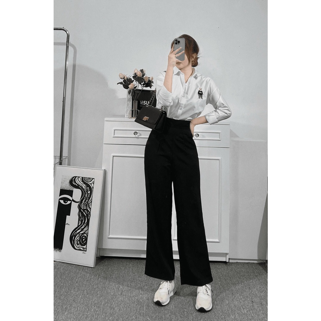 Áo sơ mi nữ FM STYLE form rộng chất lụa hàn trơn mềm mịn tay dài thêu hình dễ thương ulzzang vintage 23020665