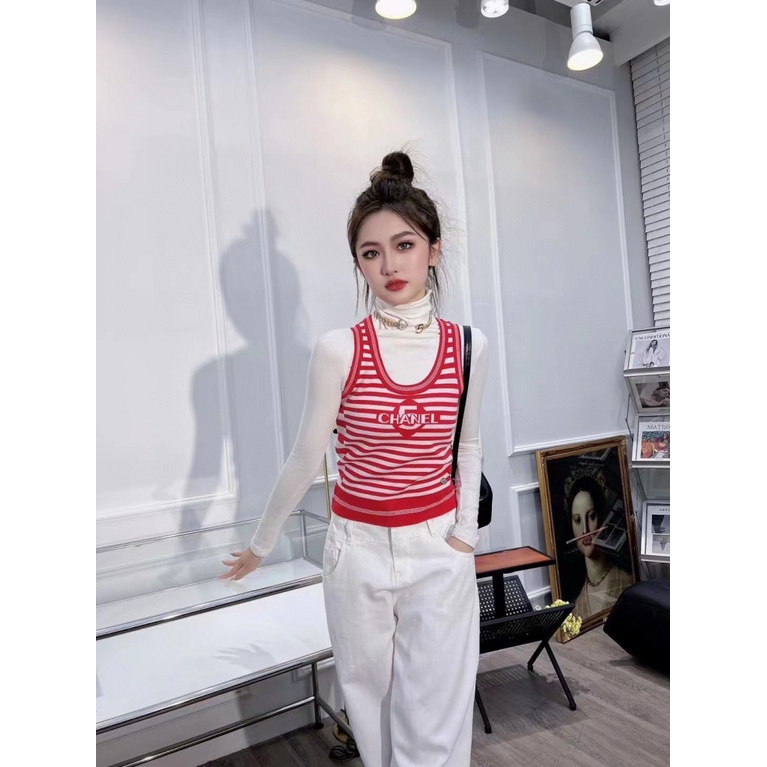 ECXP CHANE-L contrast color sleeveless vest women's autumn and winter loose all-match age-reducing inner base sweater top