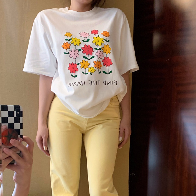 IELGY   Áo Thun Tay Ngắn In Hình Hoa Dễ Thương Dành Cho Nữ