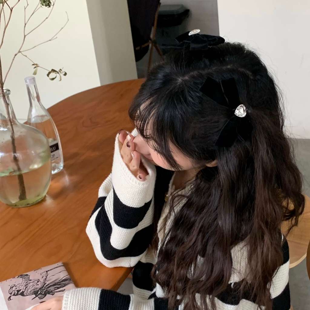 Kẹp Tóc Hình Nơ Đen Đính Kim Cương Phong Cách Hàn Quốc Cho Nữ