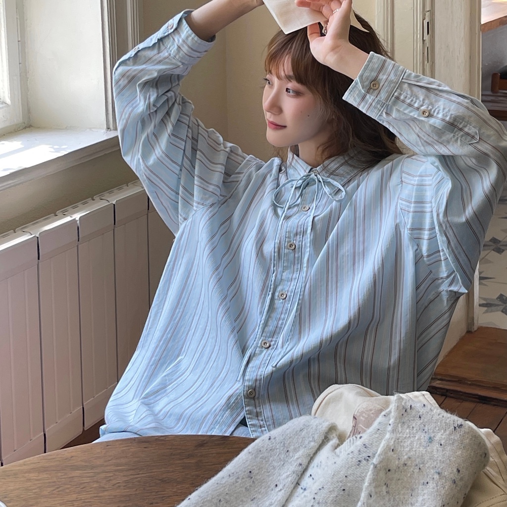 Áo sơ mi SUXI tay dài họa tiết kẻ sọc phong cách Hàn Quốc cổ điển thời trang mùa xuân dành cho nữ oversize