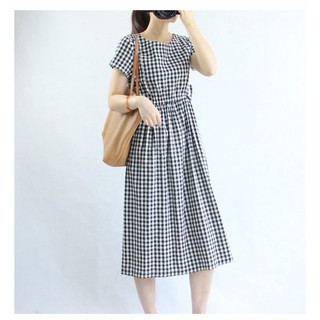 Đầm suông linen cổ tròn, họa tiết kẻ sọc caro, chun eo tôn dáng D159