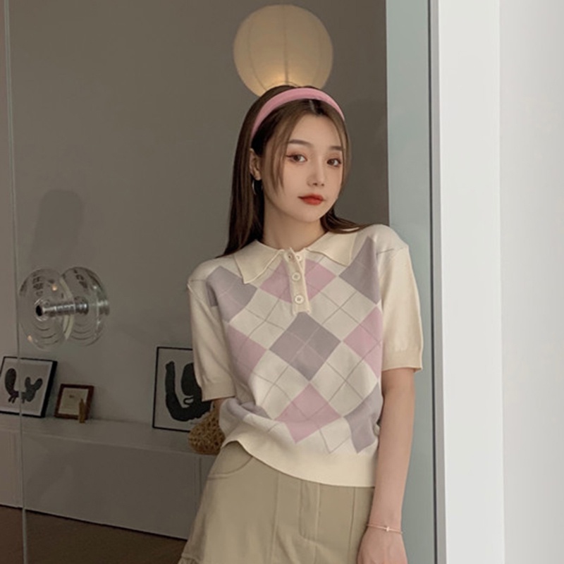 IELGY Áo Dệt Kim Ngắn Tay Họa Tiết Hình Thoi Thời Trang Cho Nữ