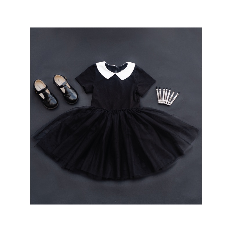 Đầm Lưới Đen Tay Ngắn Cổ Tròn Hóa Trang Công Chúa Baptism Cho Bé Gái