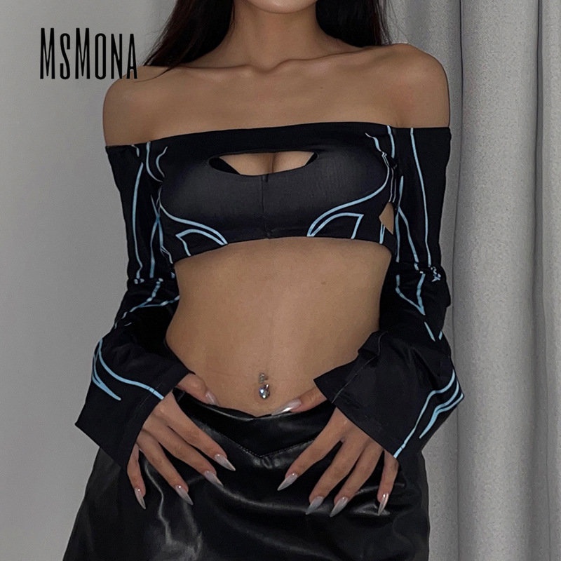 MsMona Áo Thun Dáng Ôm Hở Vai In Đường Kẻ Thời Trang 2023 Dành Cho Bạn Nữ