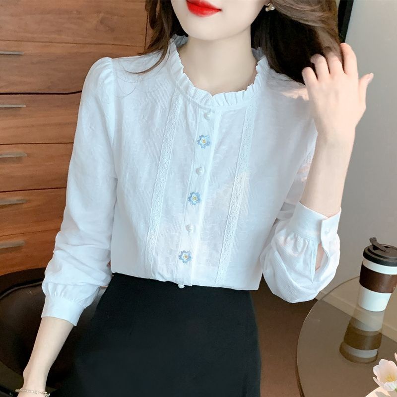 ICE Cotton Younger Fashion Embroidered Jacquard Cotton Shirt Women's Western Style Cotton Wooden Ear Collar Top