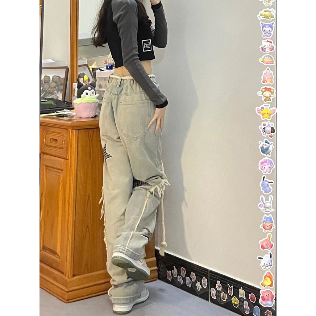 Hong Kong style vintage star pattern jeans women's spring new spicy girls high waist loose thin hemp rope straight trousers