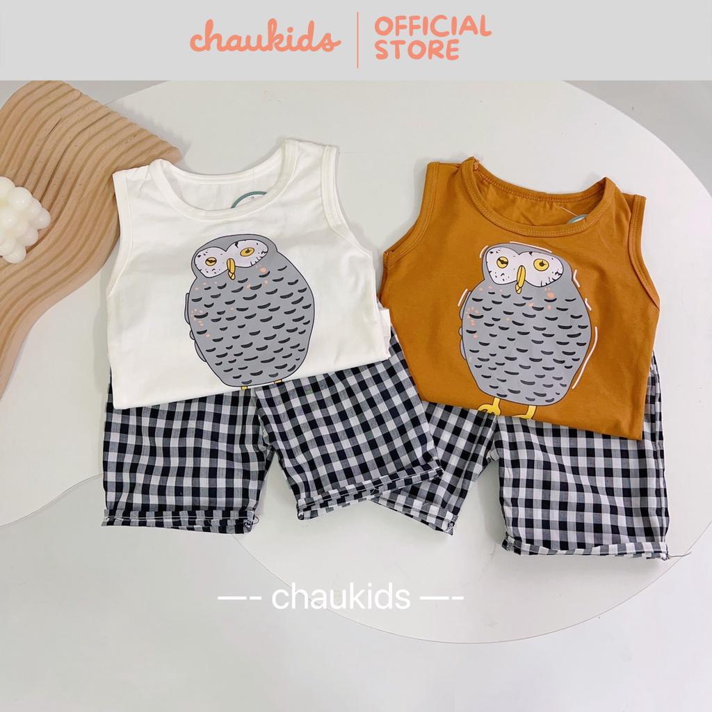 Bộ Cộc Tay Bé Trai Chất Liệu Cotton, Set Quần Áo Hình Con Cú Phối Quần Thô Kẻ Karo Cho Bé Thoáng Mát -CK301