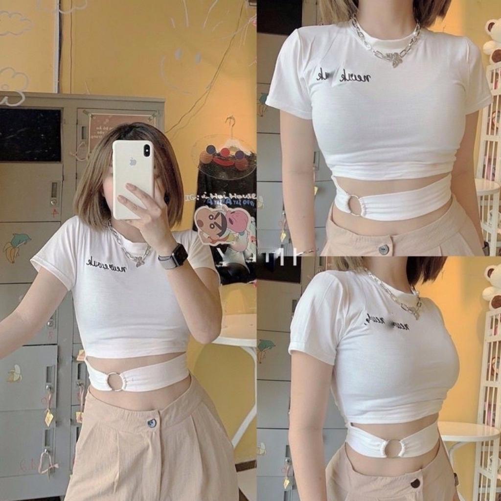 Áo croptop nữ cổ tròn ngắn tay khoét eo phối khuyên Xquin, Áo kiểu nữ ôm body hở eo tôn dáng