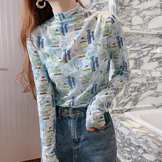Áo Kiểu Tay Dài Cổ Cao Chất Lụa Lạnh Mỏng Phối Ren In Chữ Thời Trang Mùa Hè Cho Nữ