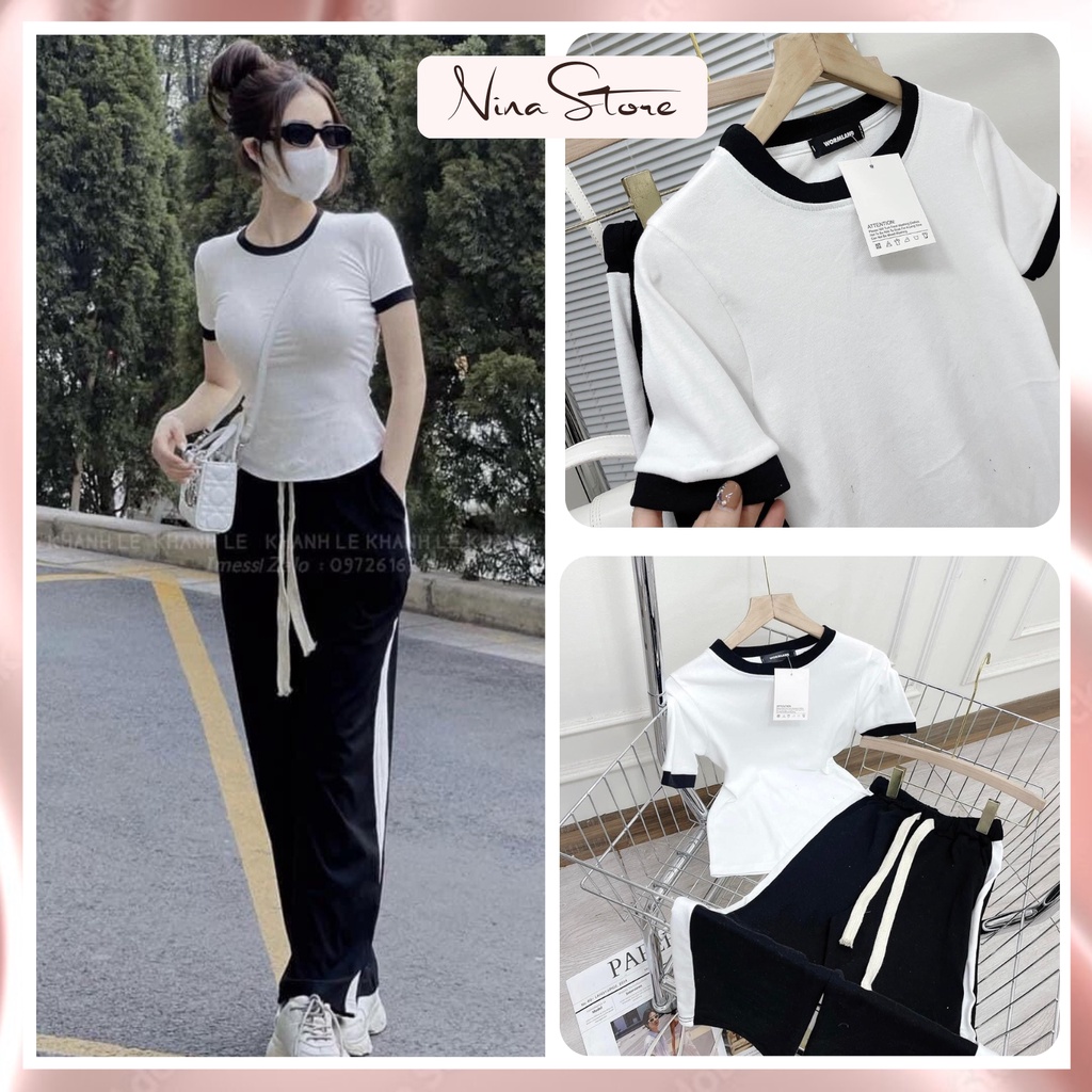 Bộ đồ thể thao nữ áo thun trơn croptop trắng viền đen mix quần sọc dày dáng suông NinaStore