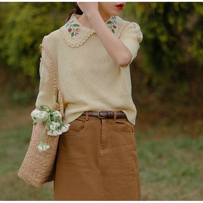 Áo Lót Dệt Kim Mỏng Cổ Búp Bê Phong Cách Pháp Cổ Điển Mẫu Mới 2023 Thời Trang Mùa Hè Cho Nữ