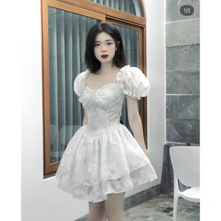 [CÓ SẴN] ĐẦM TRẮNG HOA NỔI NƠ NHÍU NGỰC TAY BO PHỒNG
