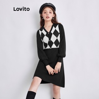 Đầm sweater Lovito tay phồng dài bo thun cổ tay hình học ghép nối màu sắc có nút mặc thường ngày cho nữ L39AD049 (đen)