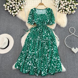 Đầm Midi Dáng Chữ A Tay Ngắn Phồng Cổ Vuông In Hoa Kiểu Vintage Thời Trang Mùa Hè Cho Bạn Gái