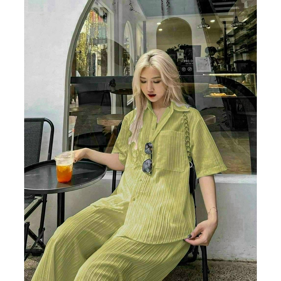 Set đồ bộ áo somi phối quần ống sành điệu như mẫu mặc đi chơi thoải mái phong cách