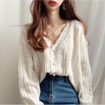 Áo Sweater Dệt Kim Mỏng Tay Dài Dáng Rộng Cổ Chữ V Khoét Lỗ Thời Trang Cho Nữ