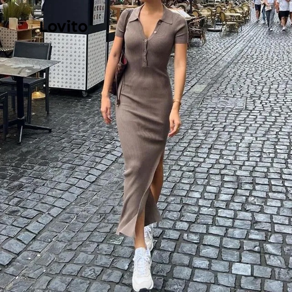 Đầm LOVITO tay ngắn cổ polo ôm dáng cắt xẻ màu trơn thường ngày