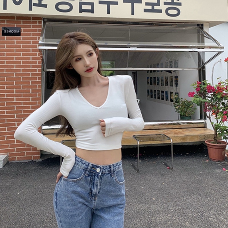 IELGY   Áo Thun Tay Dài Cổ Chữ v Ôm Dáng Thời Trang Cho Nữ
